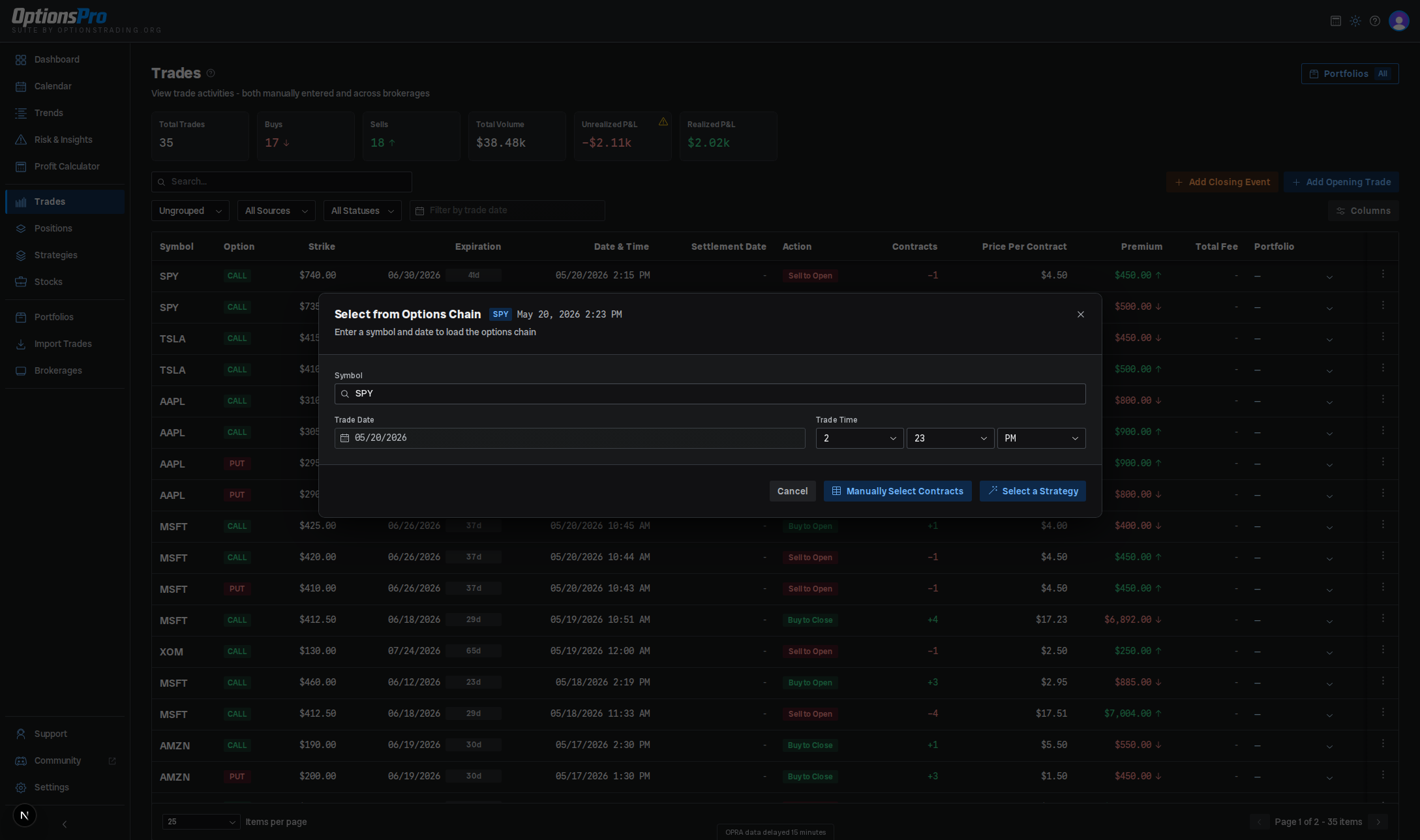 Manual trade entry flow with the options chain selector open